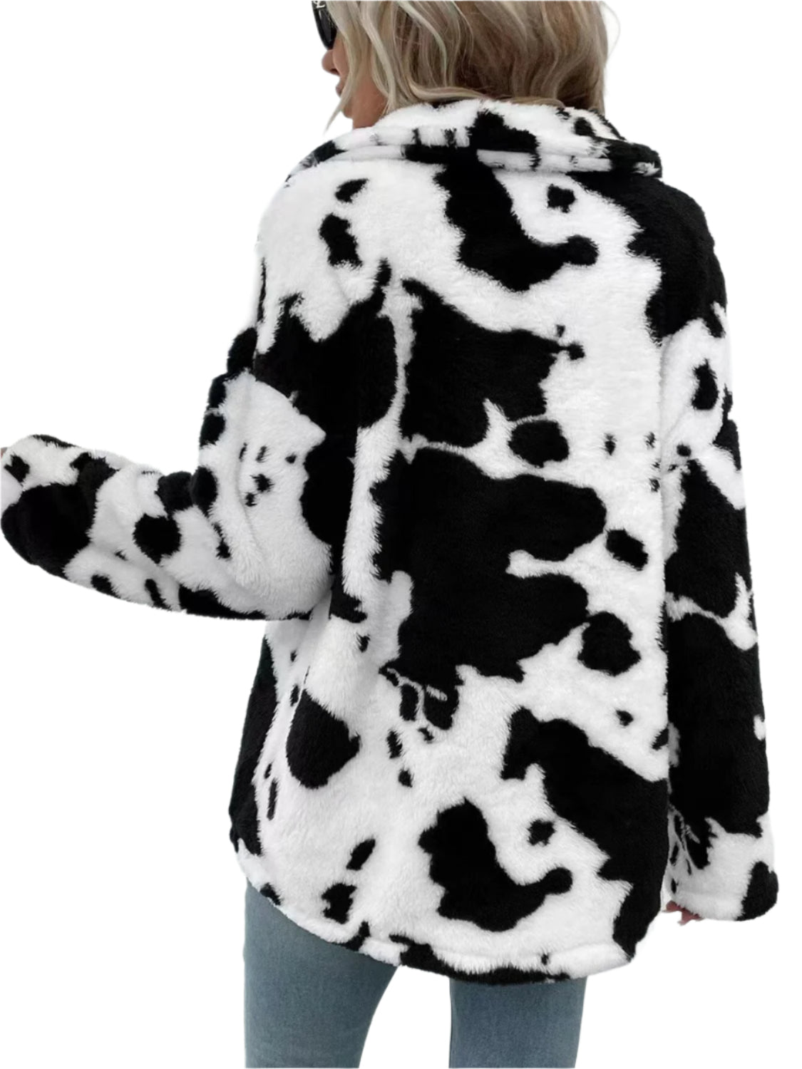 Cow Print Collared Neck Button Up Fuzzy Jacket