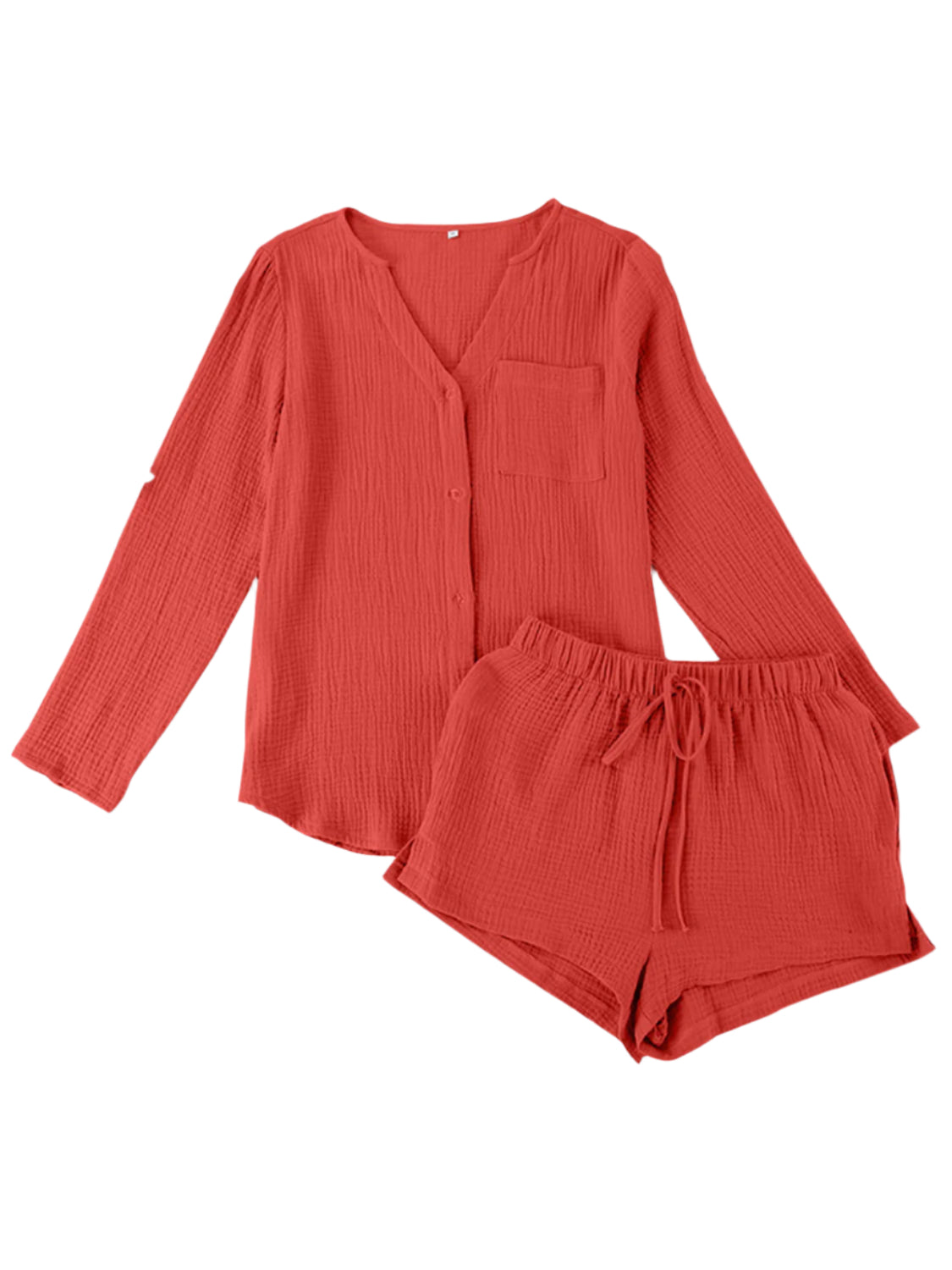 Notched Long Sleeve Top and Shorts Set