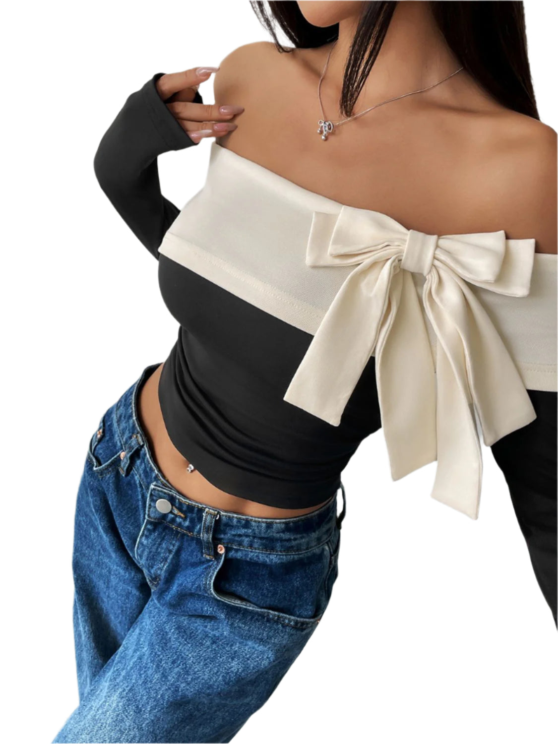 Perfee Bow Contrast Off-Shoulder Long Sleeve Top