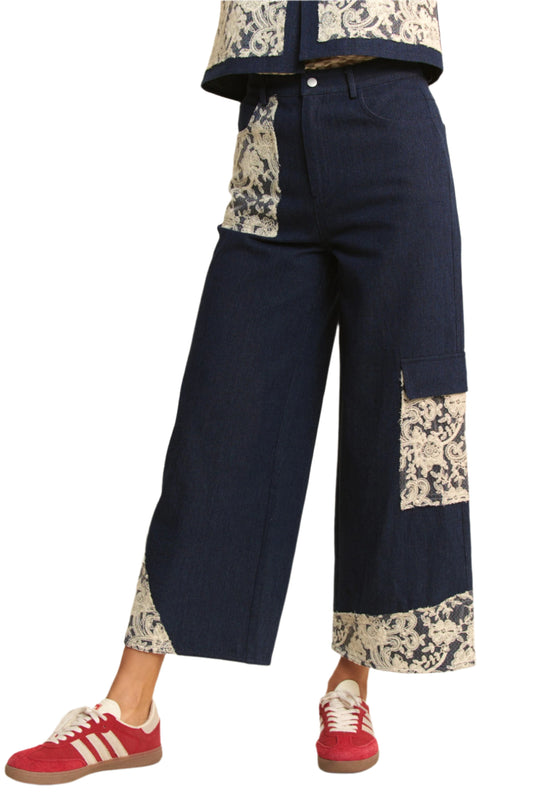 Davi & Dani Lace Applique Wide Leg Jeans