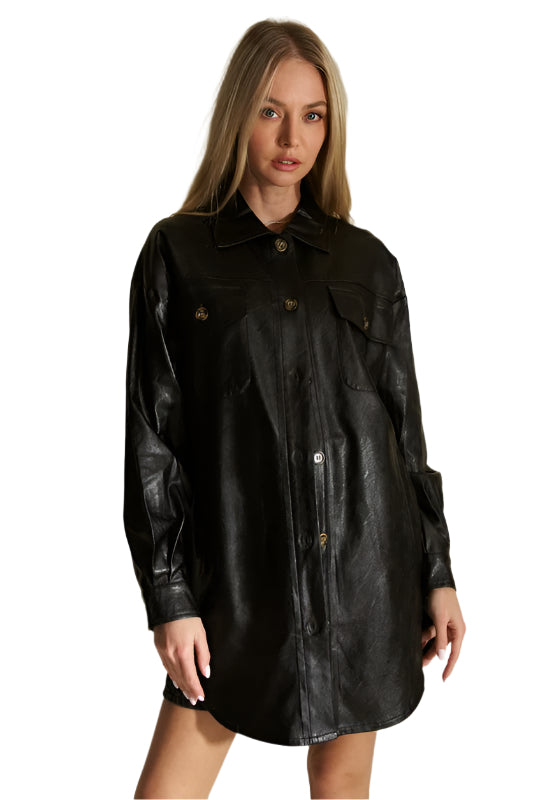 Davi & Dani Faux Leather Button Up Jacket with Chest Pockets