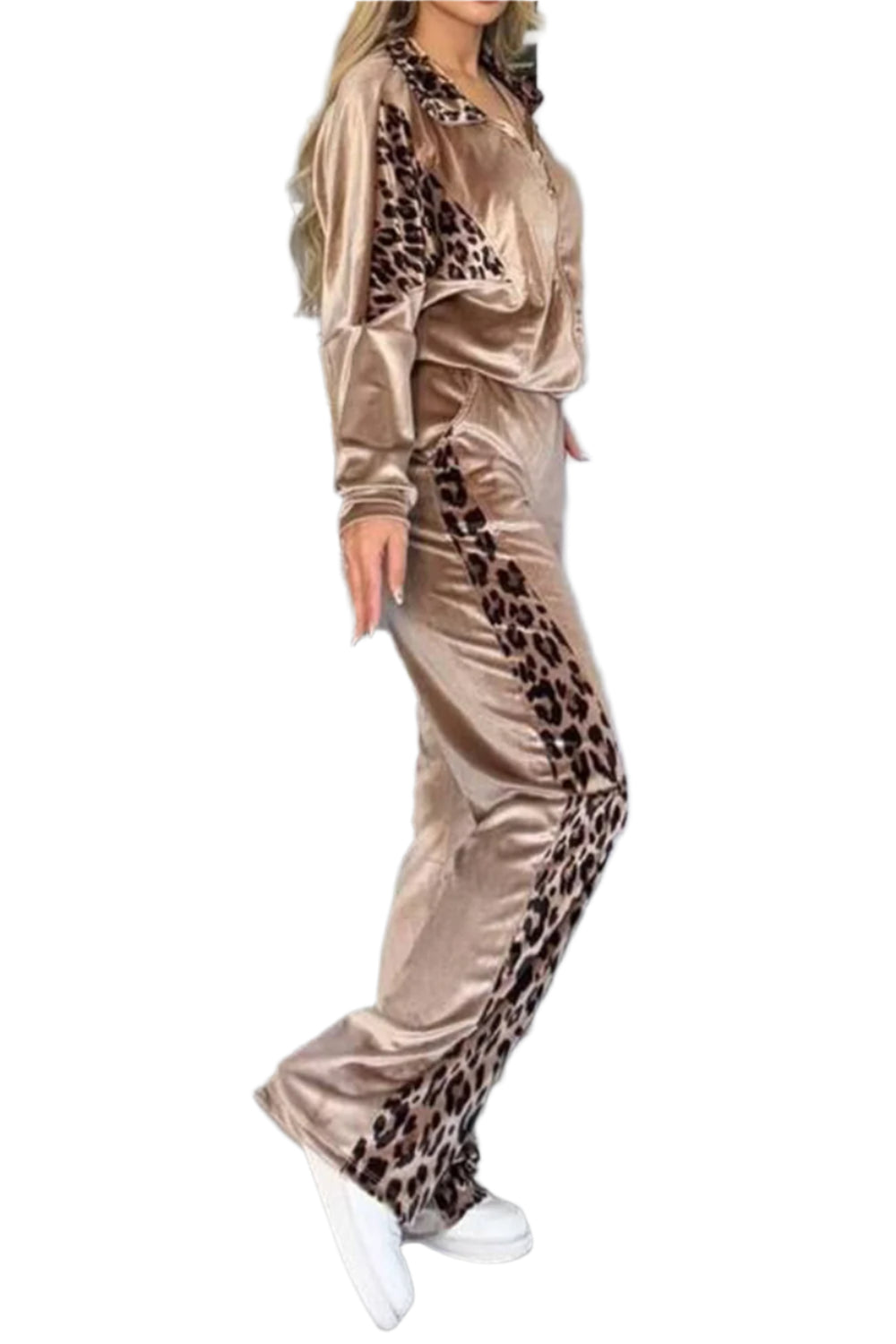 Full Size Collared Neck Leopard Zip Up Top and Pants Set Plus Size