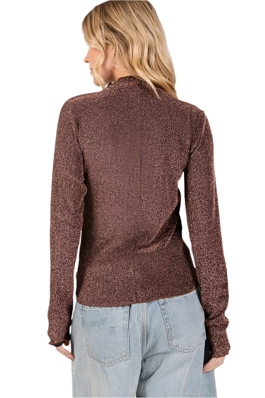 SAGE + FIG Glitter Mock Neck Lettuce Hem Long Sleeve Top