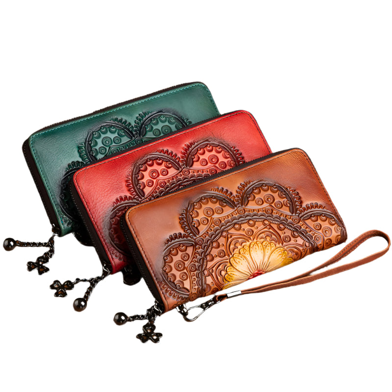 Floral Motif Cowhide Leather Wallet with Built-in Strap
