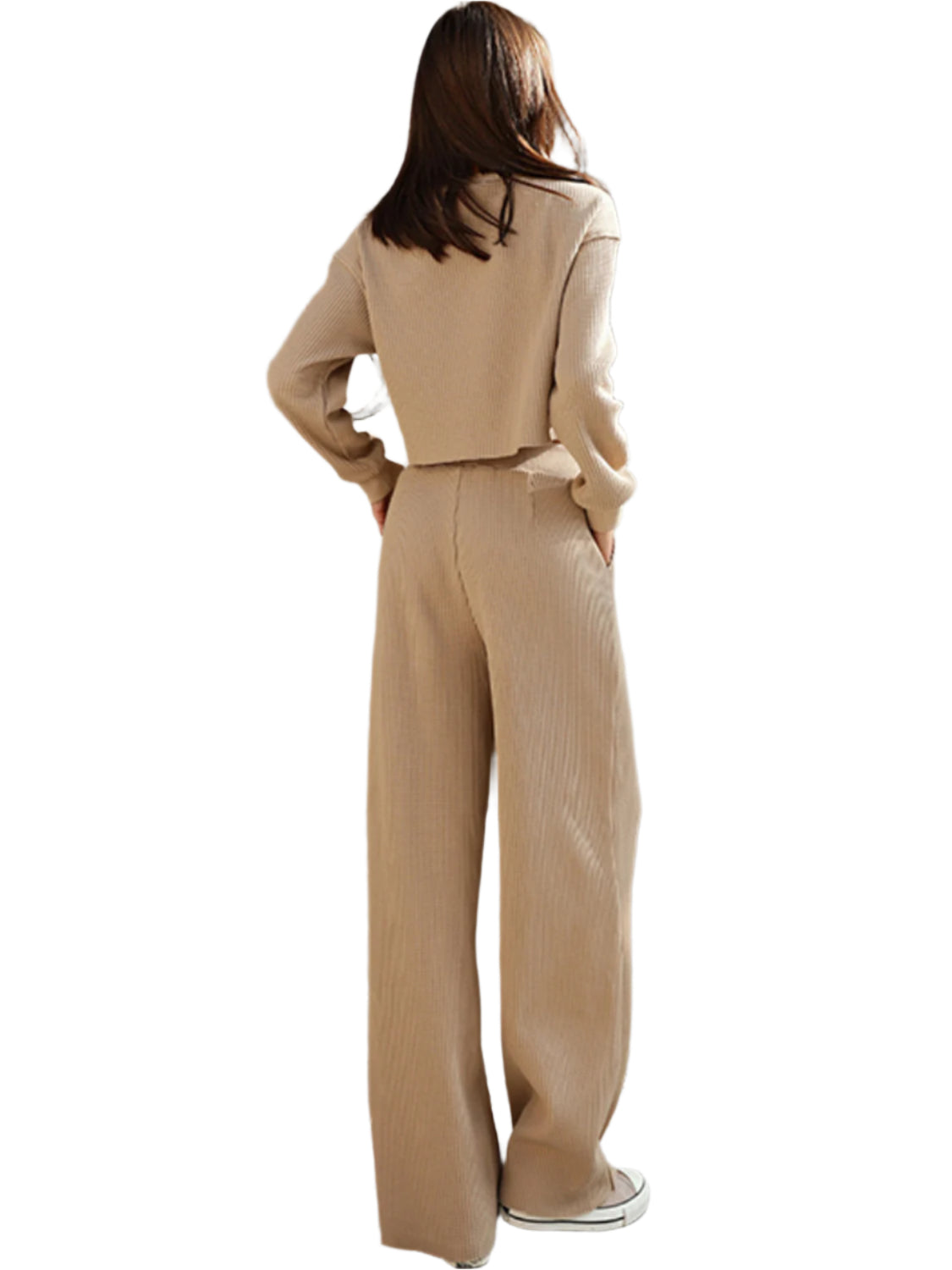 Waffle-Knit Round Neck Top and Pants Set