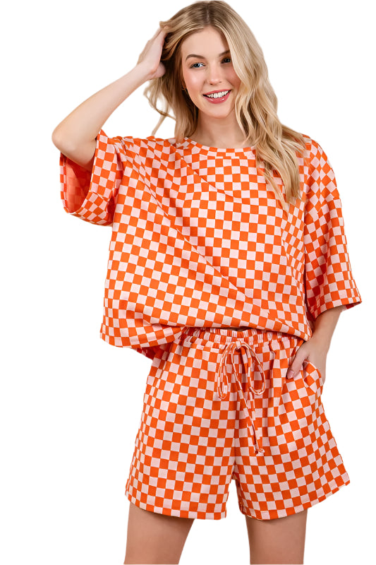 Ces Femme Checkered Round Neck Top and Shorts Set
