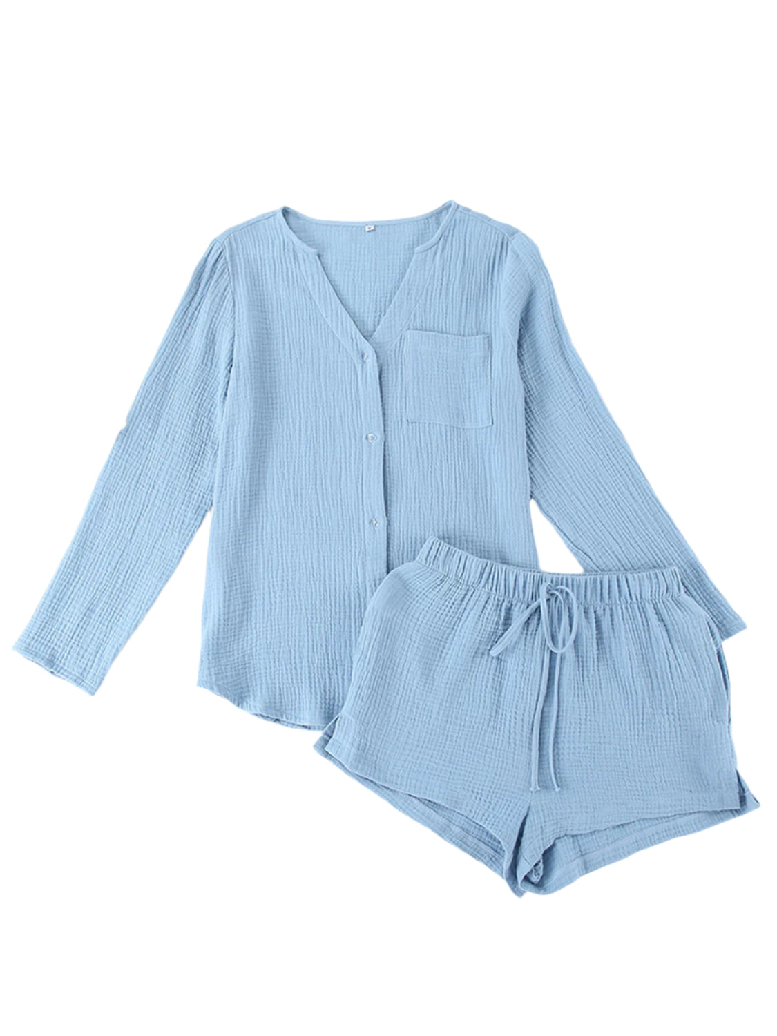 Notched Long Sleeve Top and Shorts Set