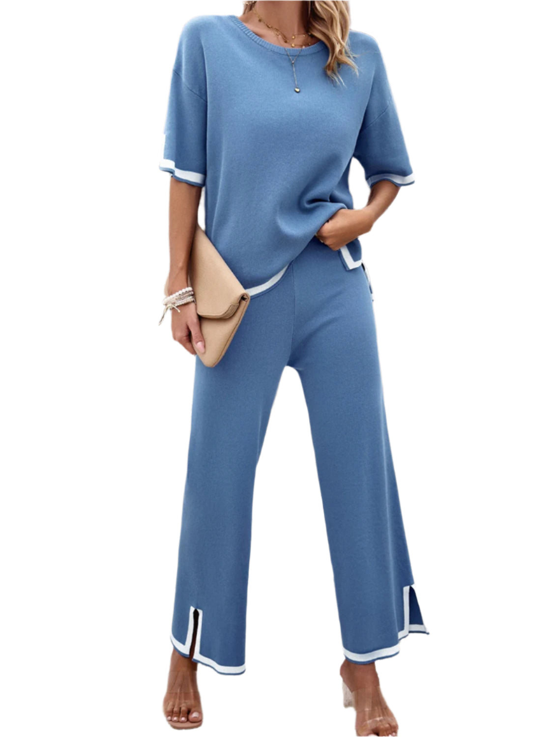 Devine Contrast Trim Round Neck Top and Pants Set