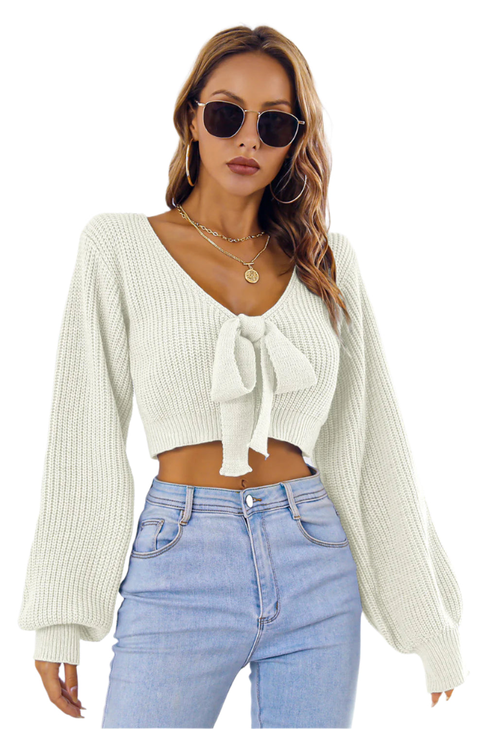 Bow V-Neck Long Sleeve Cropped Sweater