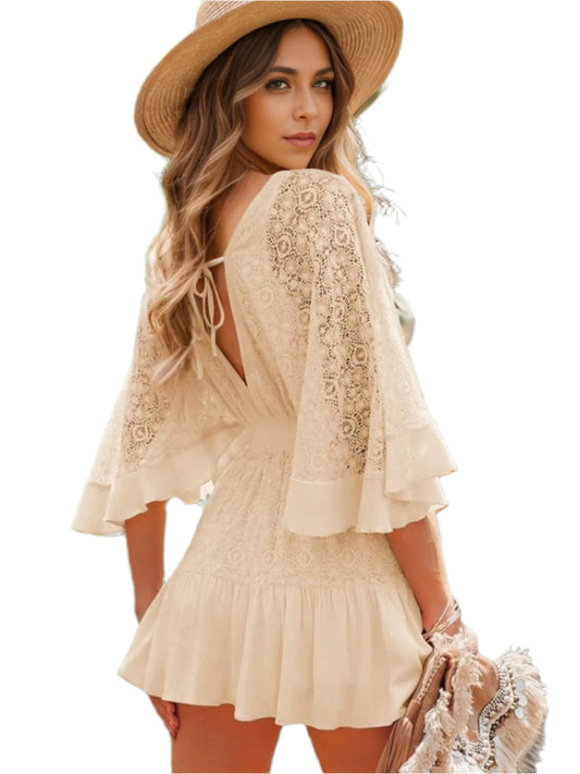 Ruffle Hem Tie Back Lace Mini Dress