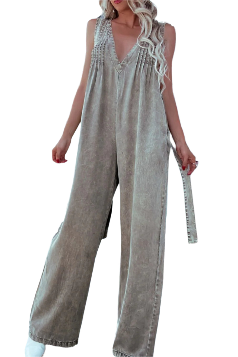 V-Neck Wide Leg Denim Jumpsuit