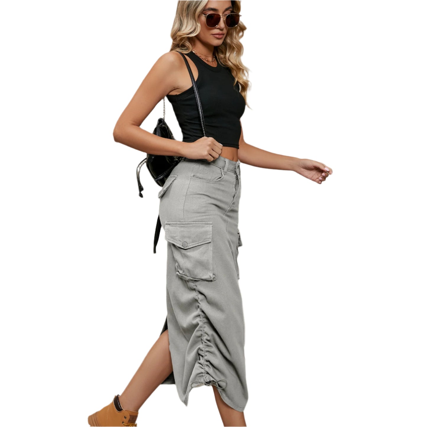 Drawstring Ruched Slit Denim Midi Skirt