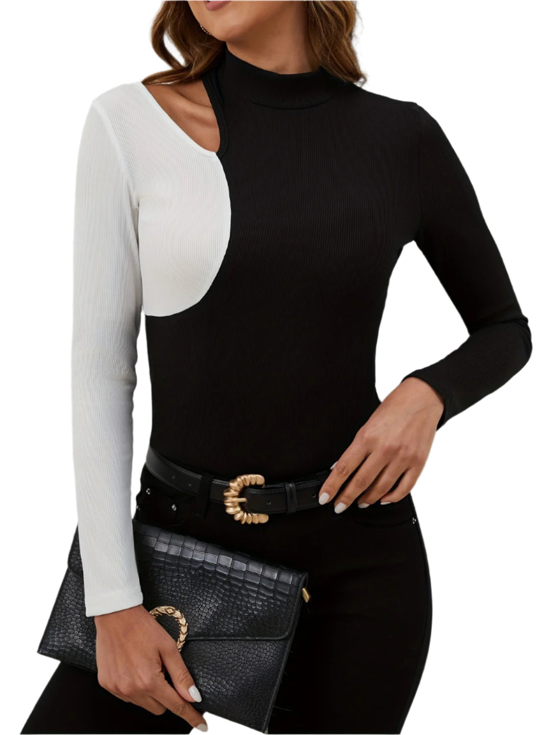 Cutout Contrast Mock Neck Long Sleeve T-Shirt