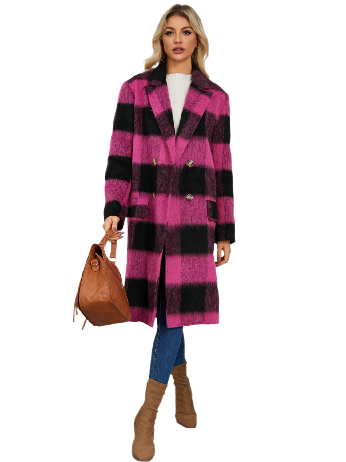 Plaid Double-Breasted Long Sleeve Coat