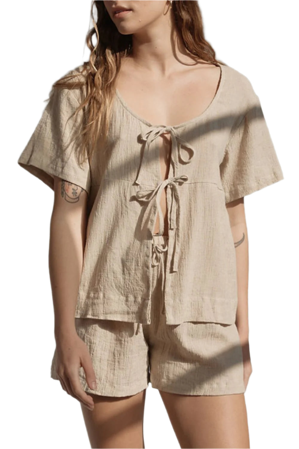 Plaid Tied Scoop Neck Short Sleeve Top and Drawstring Shorts Set