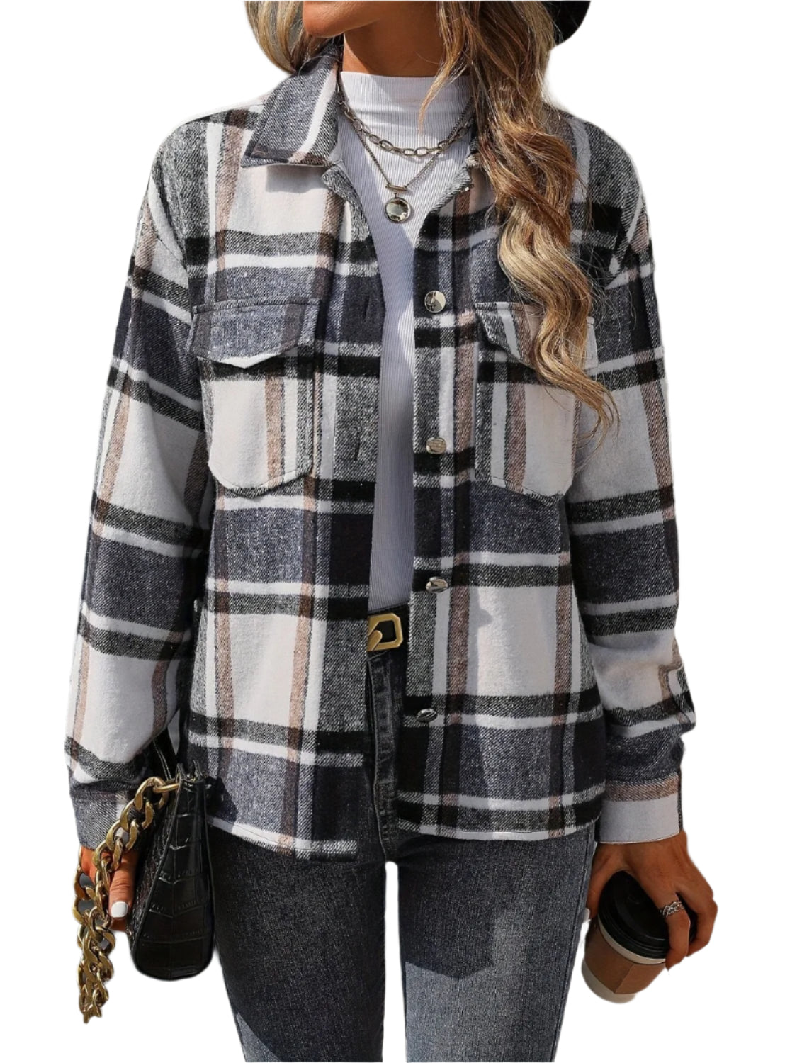 Plaid Button Up Drop Shoulder Jacket