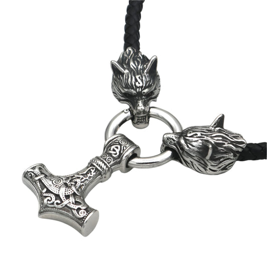 Cowhide Leather Double Braided Necklace with Stainless Steel Wolf Heads Holding a Mjolnir Pendant