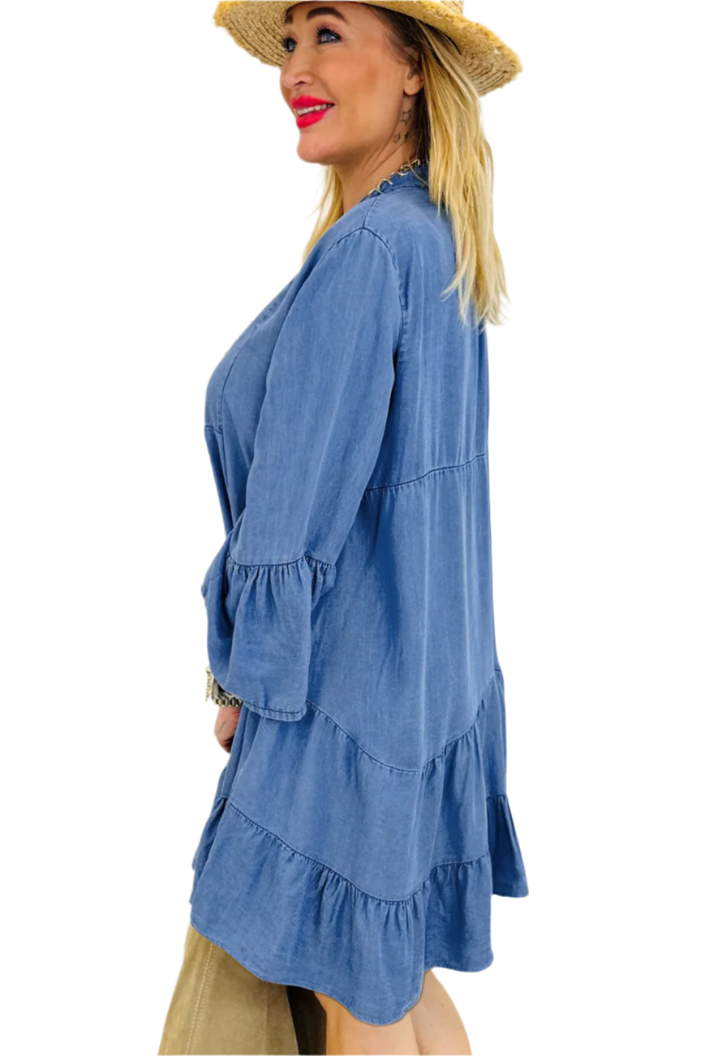 Notched Three-Quarter Sleeve Denim Dress