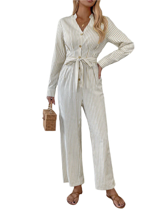 Striped Notched Long Sleeve Tie Waist Jumpsuit