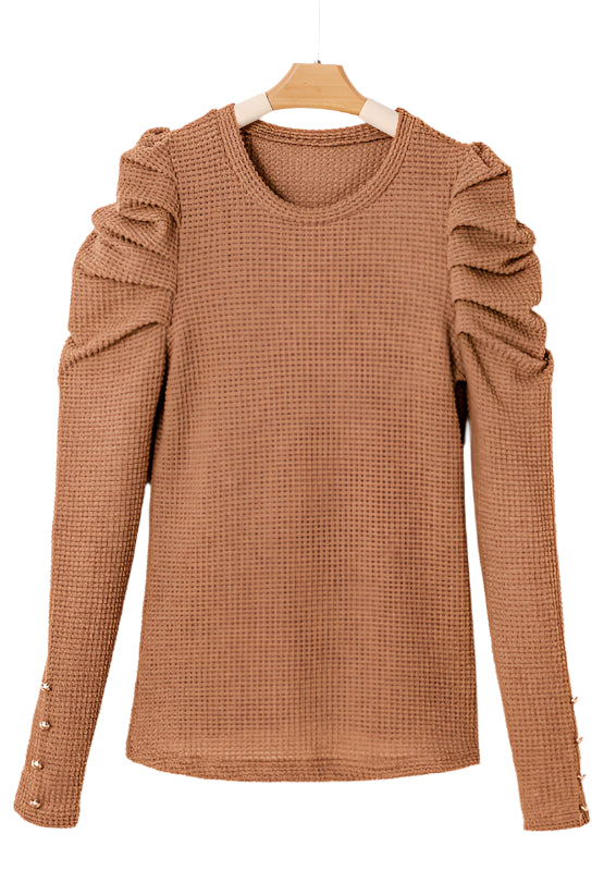 Decorative Button Round Neck Puff Sleeve Blouse
