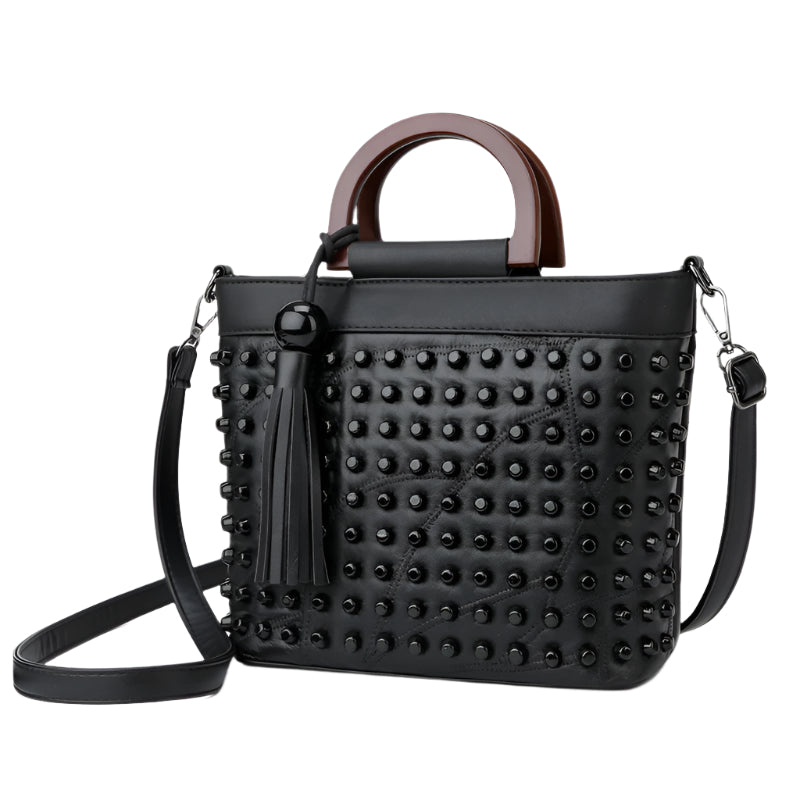 Riveted Sheepskin Tassel Accent Handbag