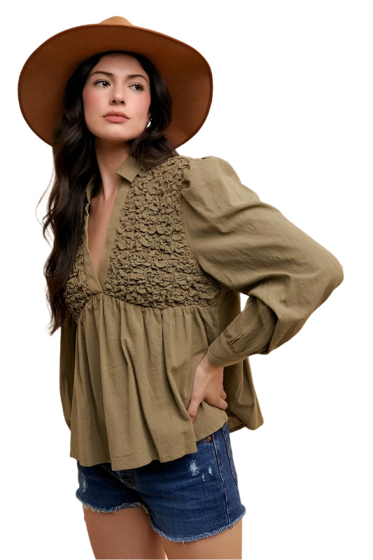 Annie Wear Smocked Front Long Sleeve Babydoll Blouse