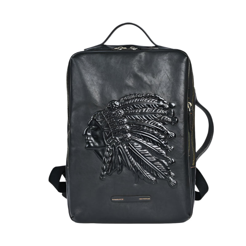 Men's Native American Embossed Cowhide Leather Backpack