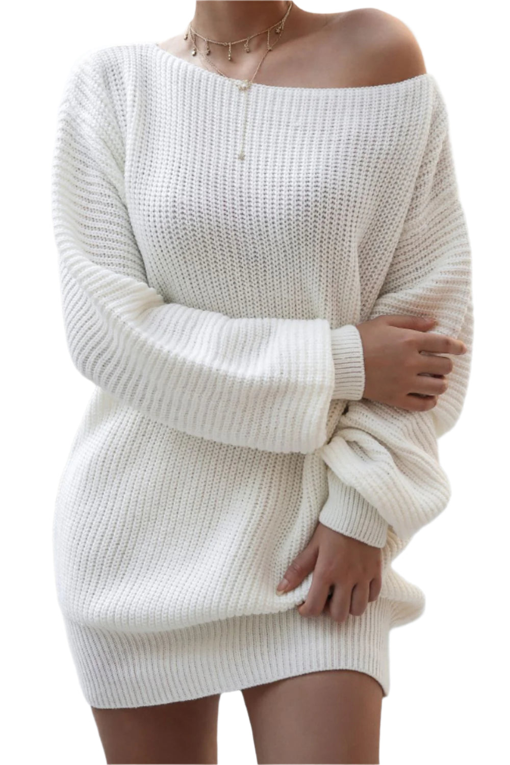 Boat Neck Long Sleeve Mini Sweater Dress