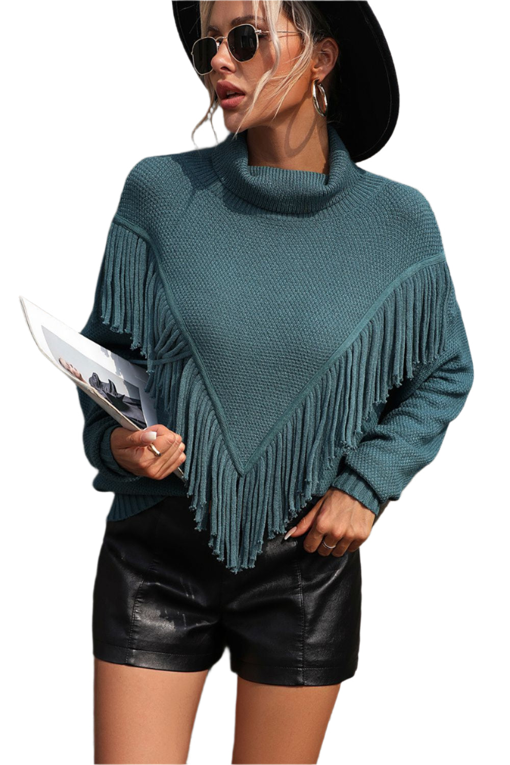 Turtle Neck Tassel Front Long Sleeve Pullover Sweater