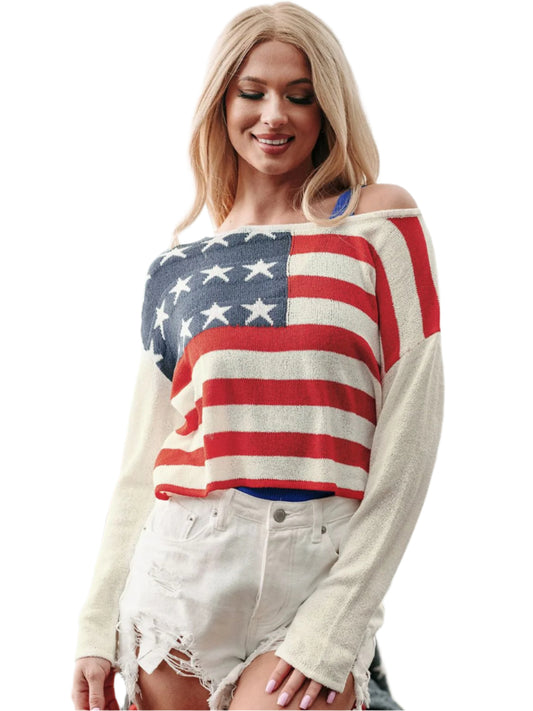 Perfee US Flag Boat Neck Long Sleeve Knit Top