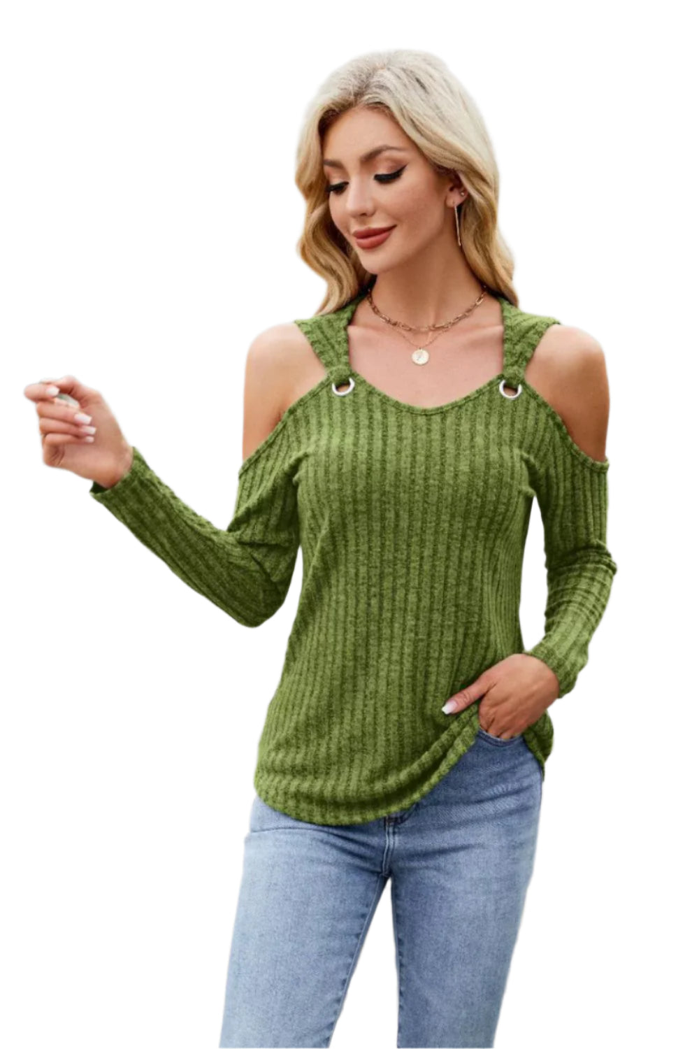 Ribbed Cold Shoulder Long Sleeve Top