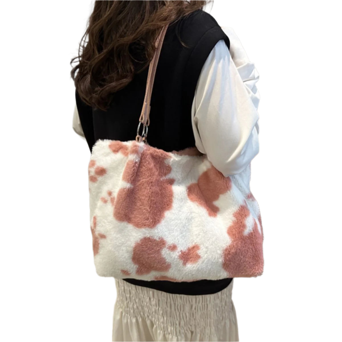 Cow Print Furry Tote Bag
