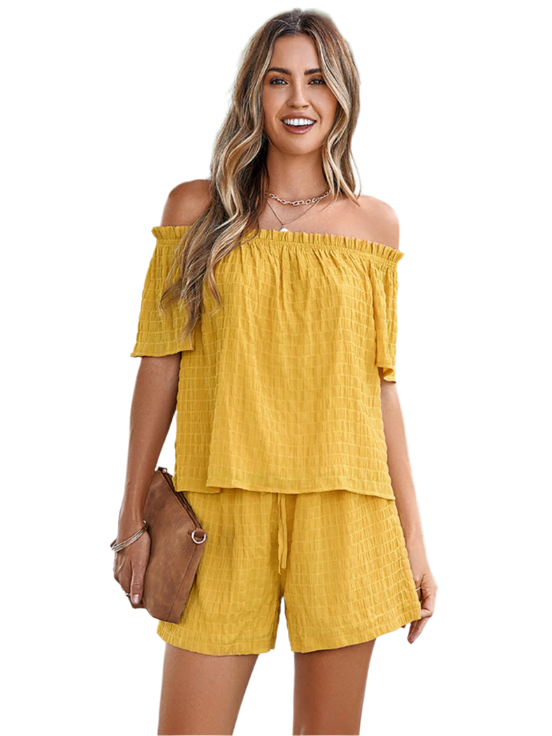Full Size Off-Shoulder Short Sleeve Top and Tied Shorts Set