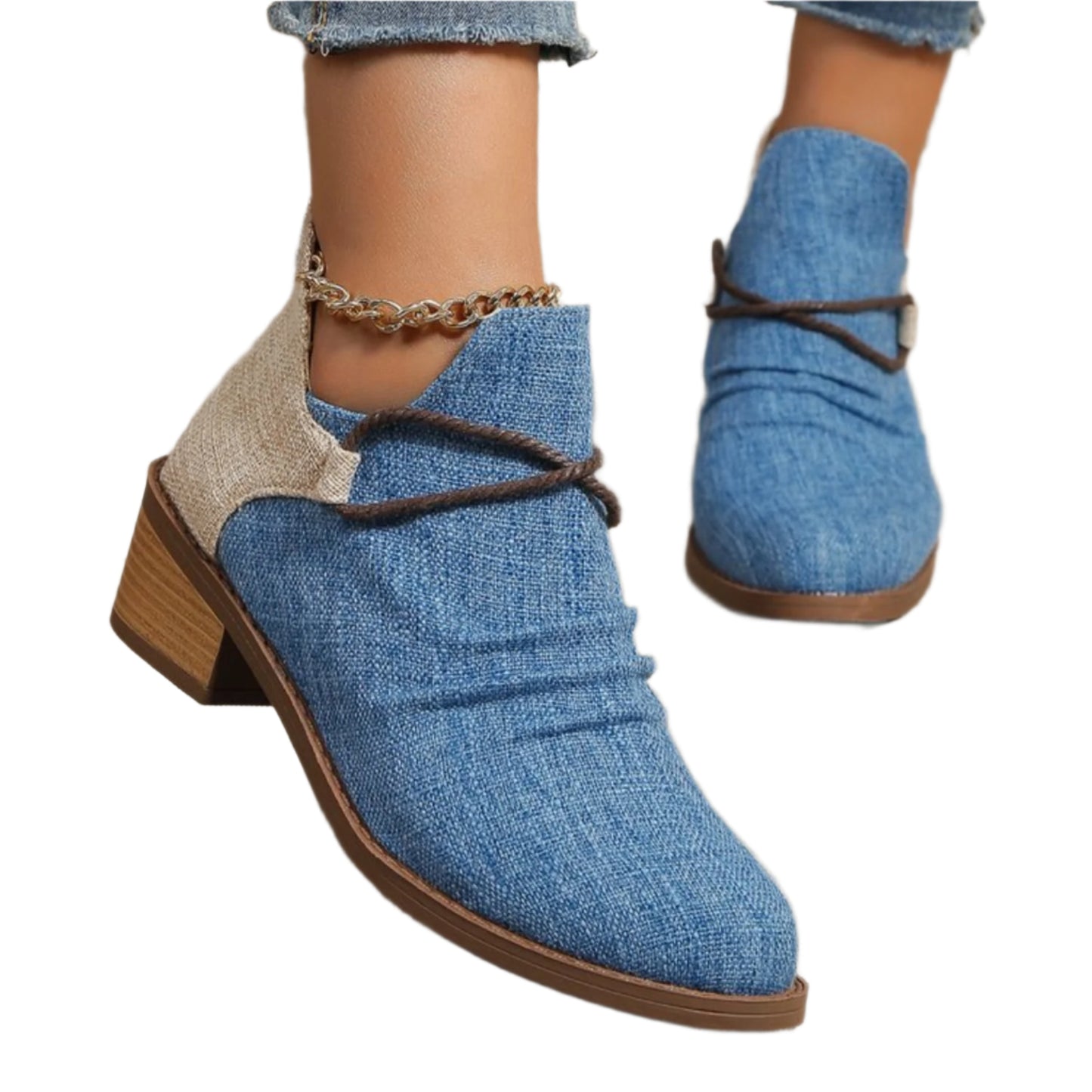 Contrast Canvas Low Heel Boots