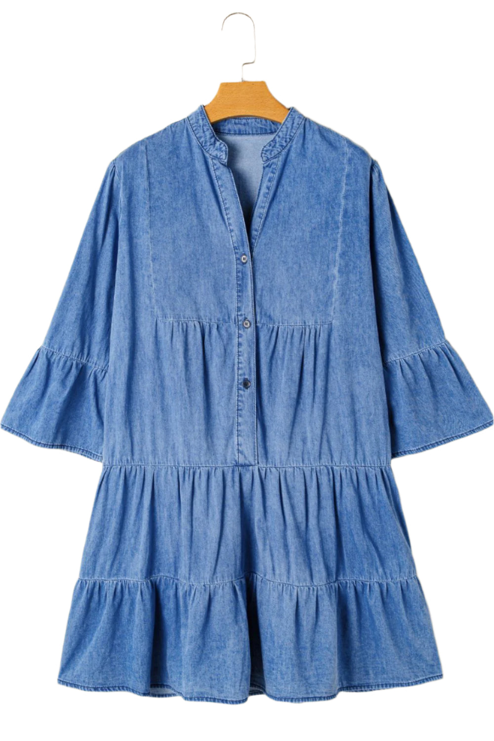 Notched Three-Quarter Sleeve Denim Dress