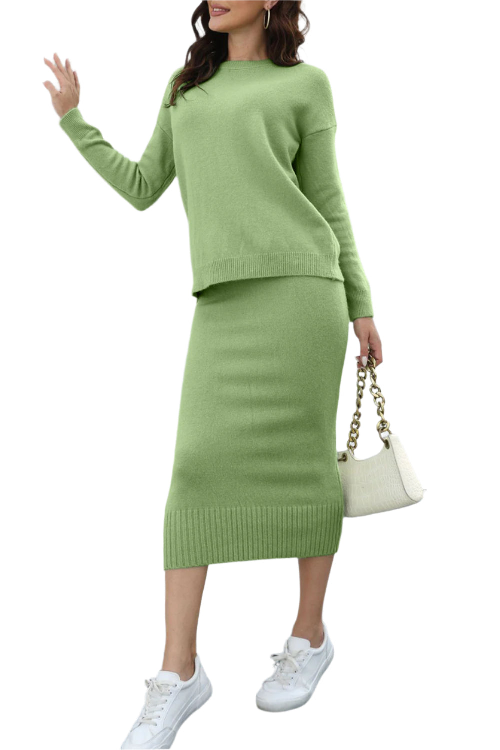 Round Neck Dropped Shoulder Top and Skirt Sweater Set