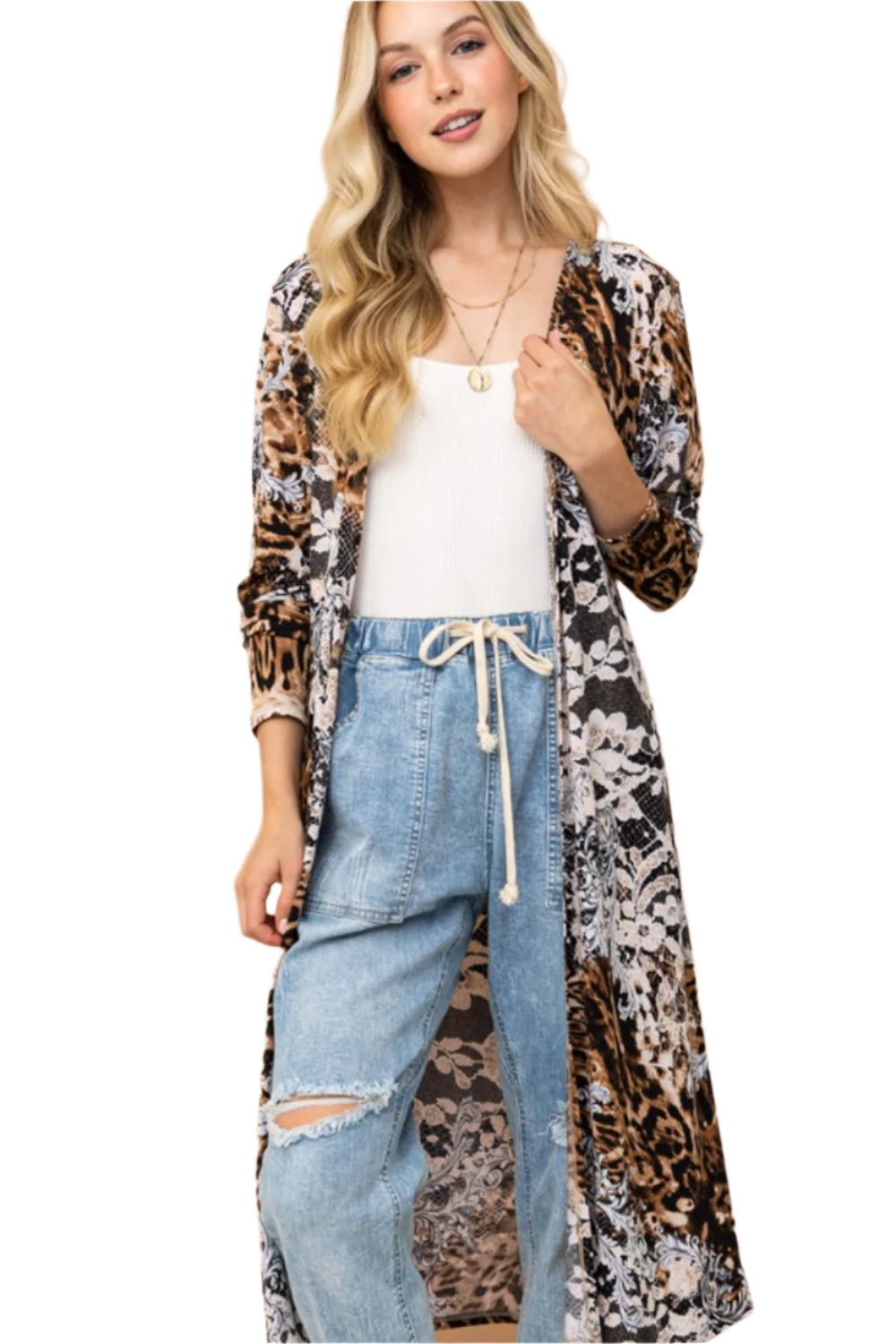 And The Why Leopard Kimono Open Front Longline Cardigan