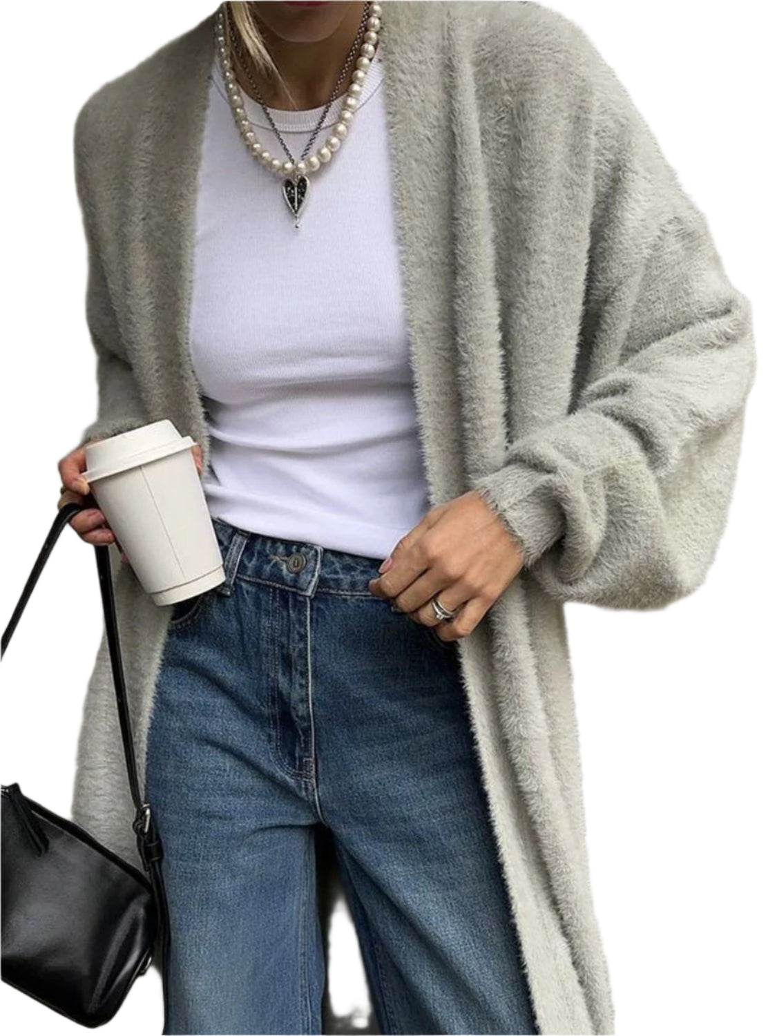 Fuzzy Open Front Solid Color Cardigan