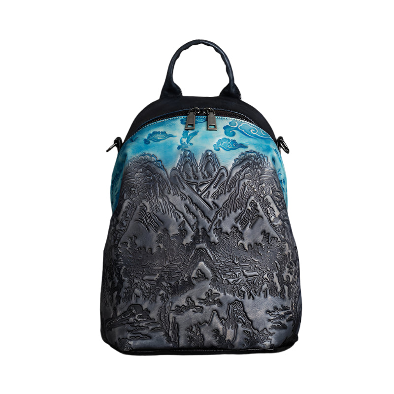 Nature Scenery Embossed Vegetable Tanned Cowhide Leather Backpack
