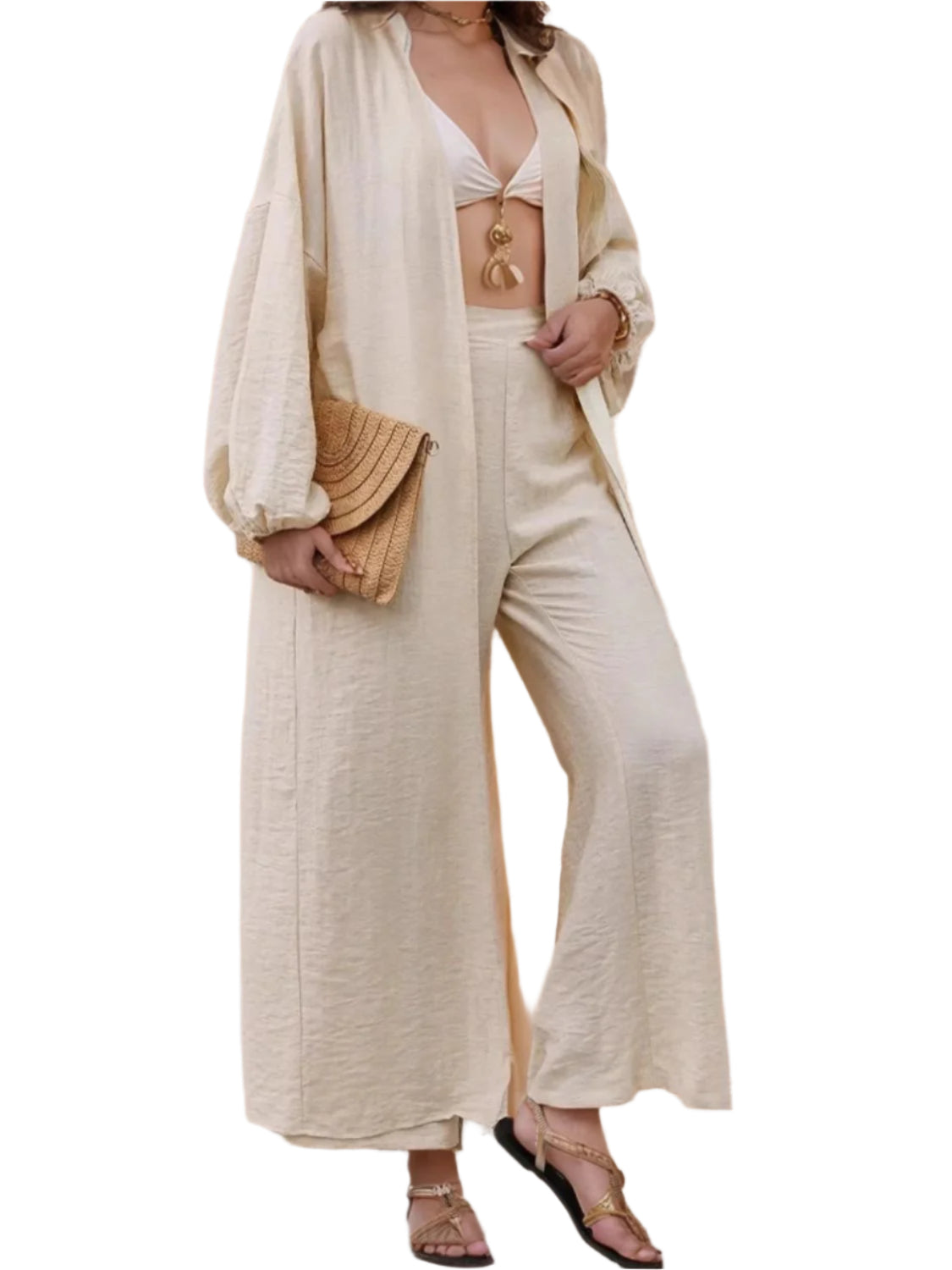 Open Front Balloon Sleeve Cardigan and Pants Set
