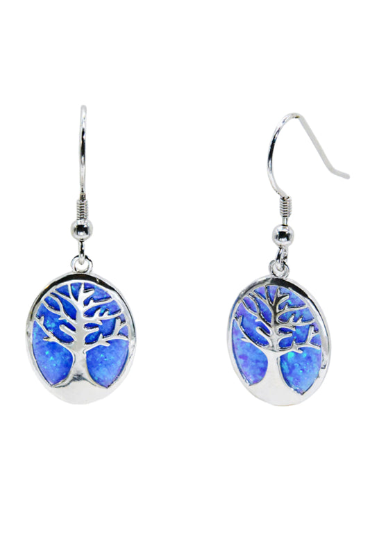 Opal Blue 925 Sterling Silver Drop Tree of Life Earrings