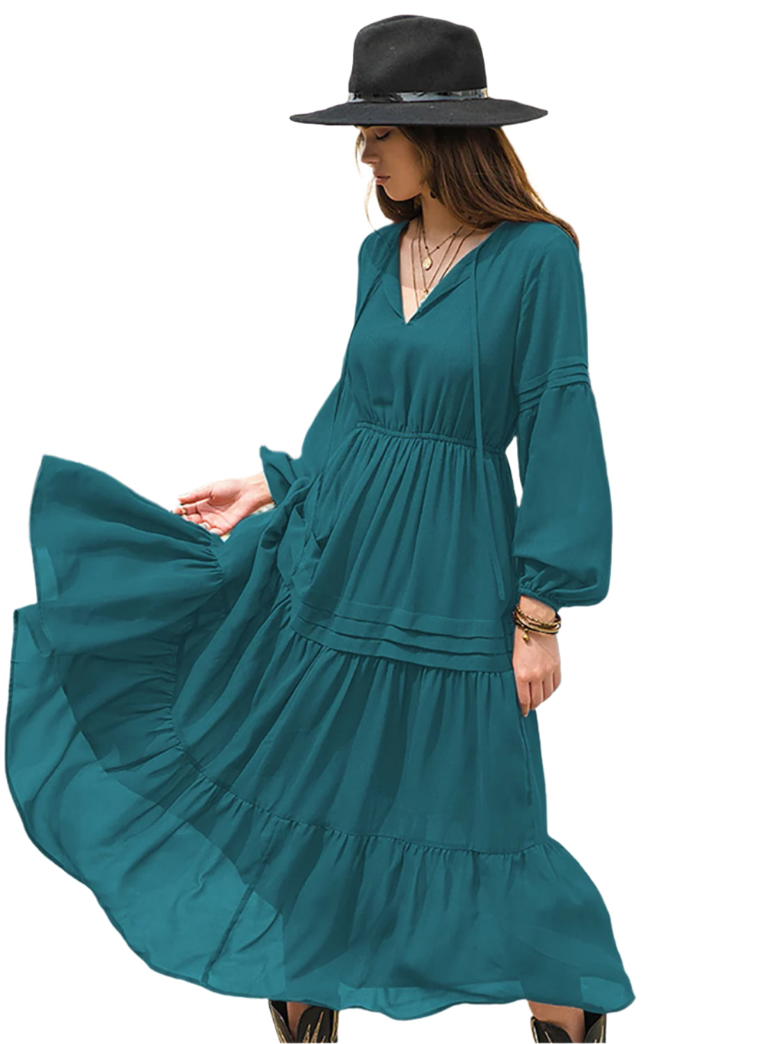 Tie Neck Long Sleeve Midi Tiered Dress
