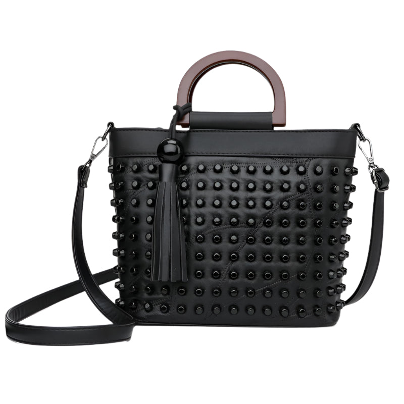 Riveted Sheepskin Tassel Accent Handbag
