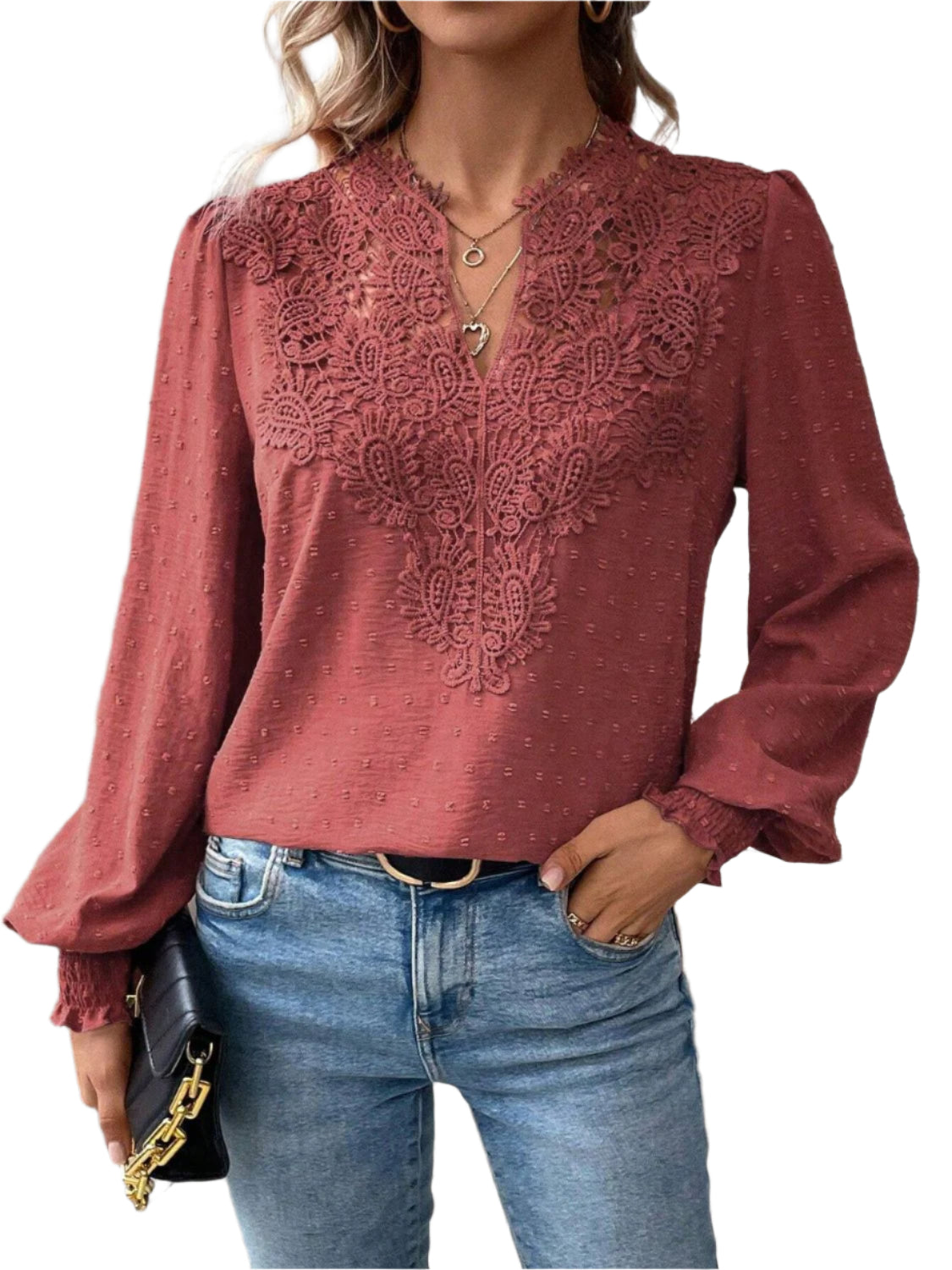 Swiss Dot Lace Detail Notched Long Sleeve Blouse