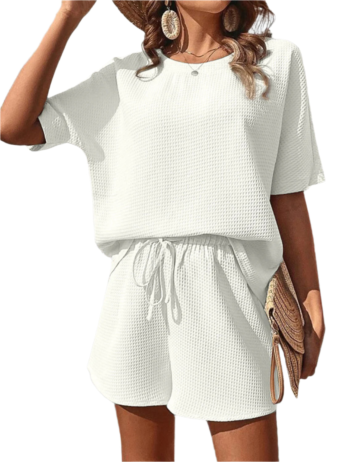 Waffle-Knit Half Sleeve Top and Shorts Set