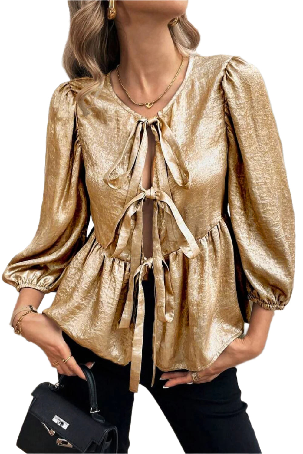 Tied Peplum Three-Quarter Sleeve Blouse