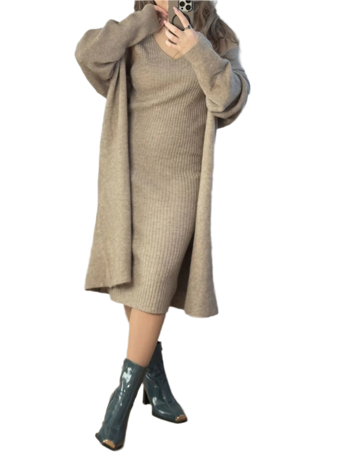 V-Neck Cami Dress and Open Front Cardigan Sweater Set
