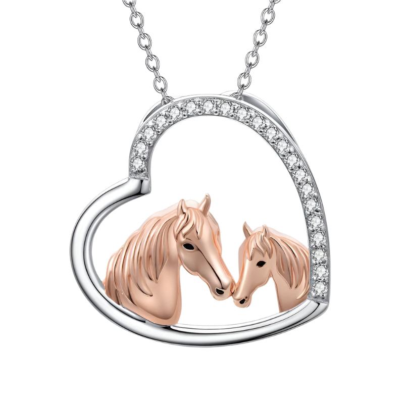 Horses Mare and Foal 925 Sterling Silver Heart Pendant Necklace