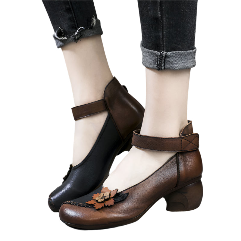 Floral Motif Cowhide Leather Velcro Heel