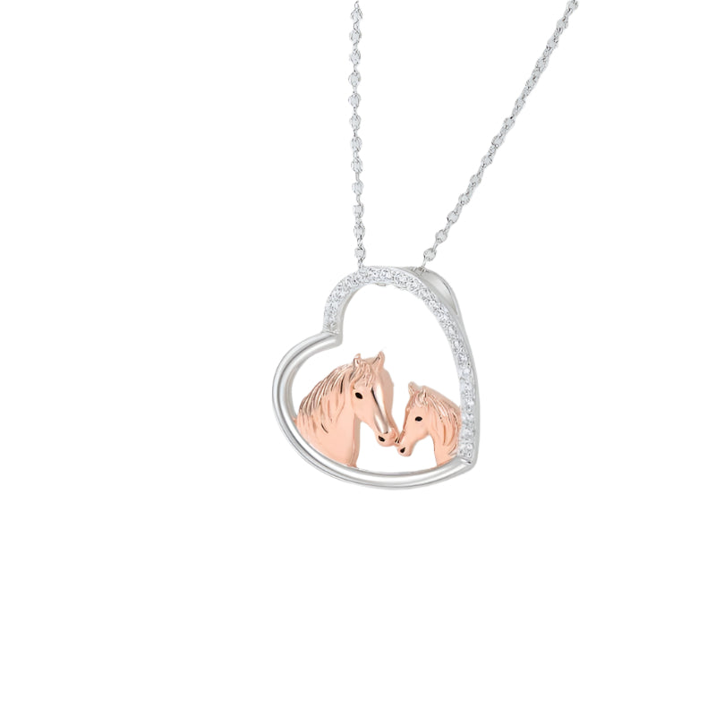 Horses Mare and Foal 925 Sterling Silver Heart Pendant Necklace